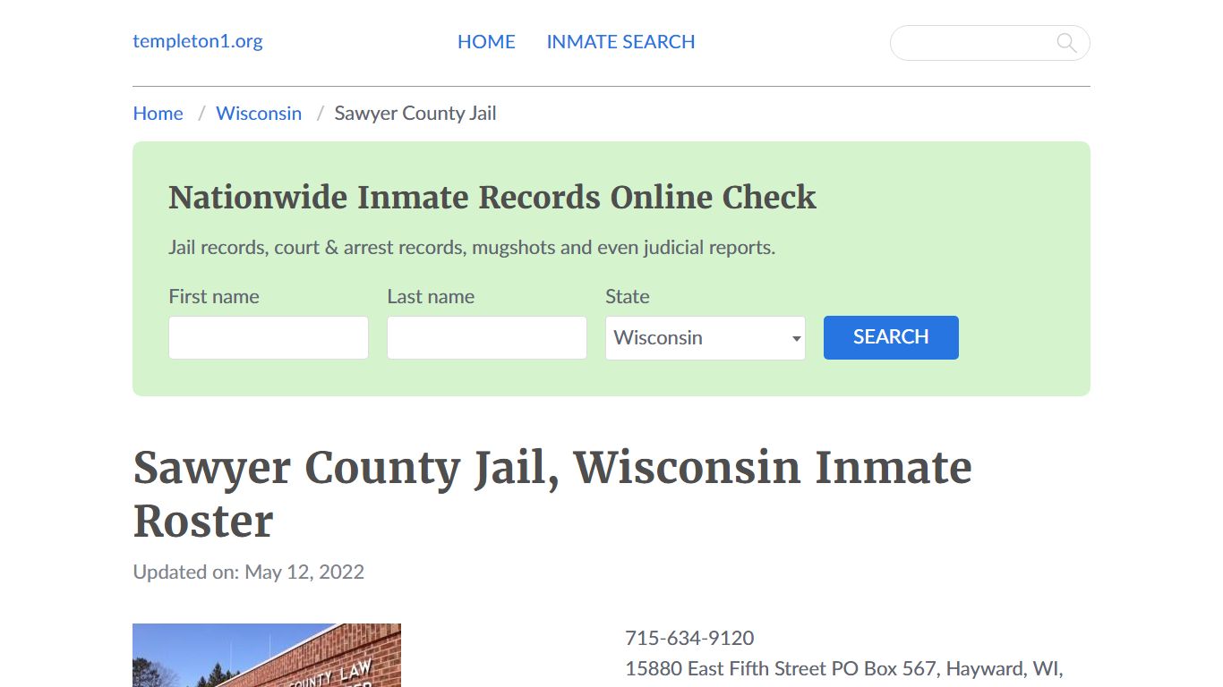 Sawyer County Jail, Wisconsin Inmate Booking